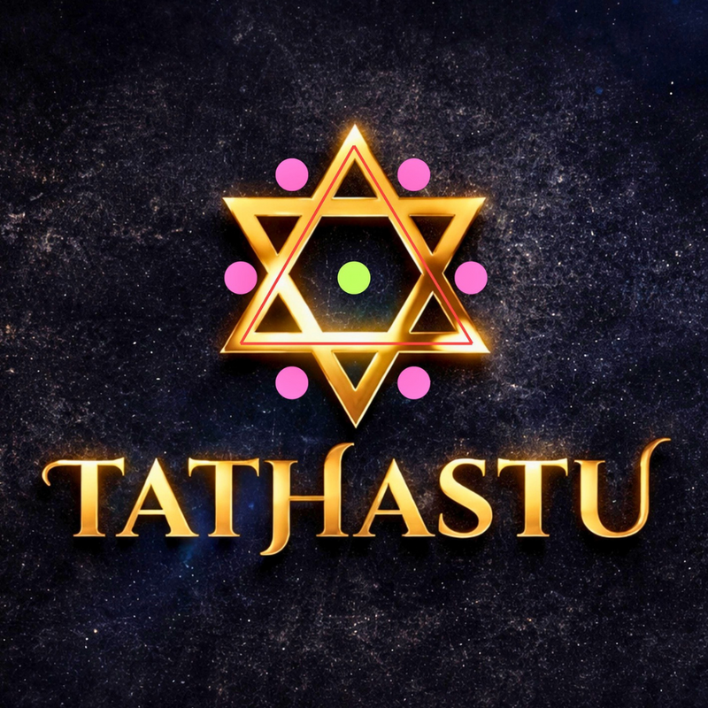 Gold star of David with colorful dots and 'Tathastu' text on a dark background